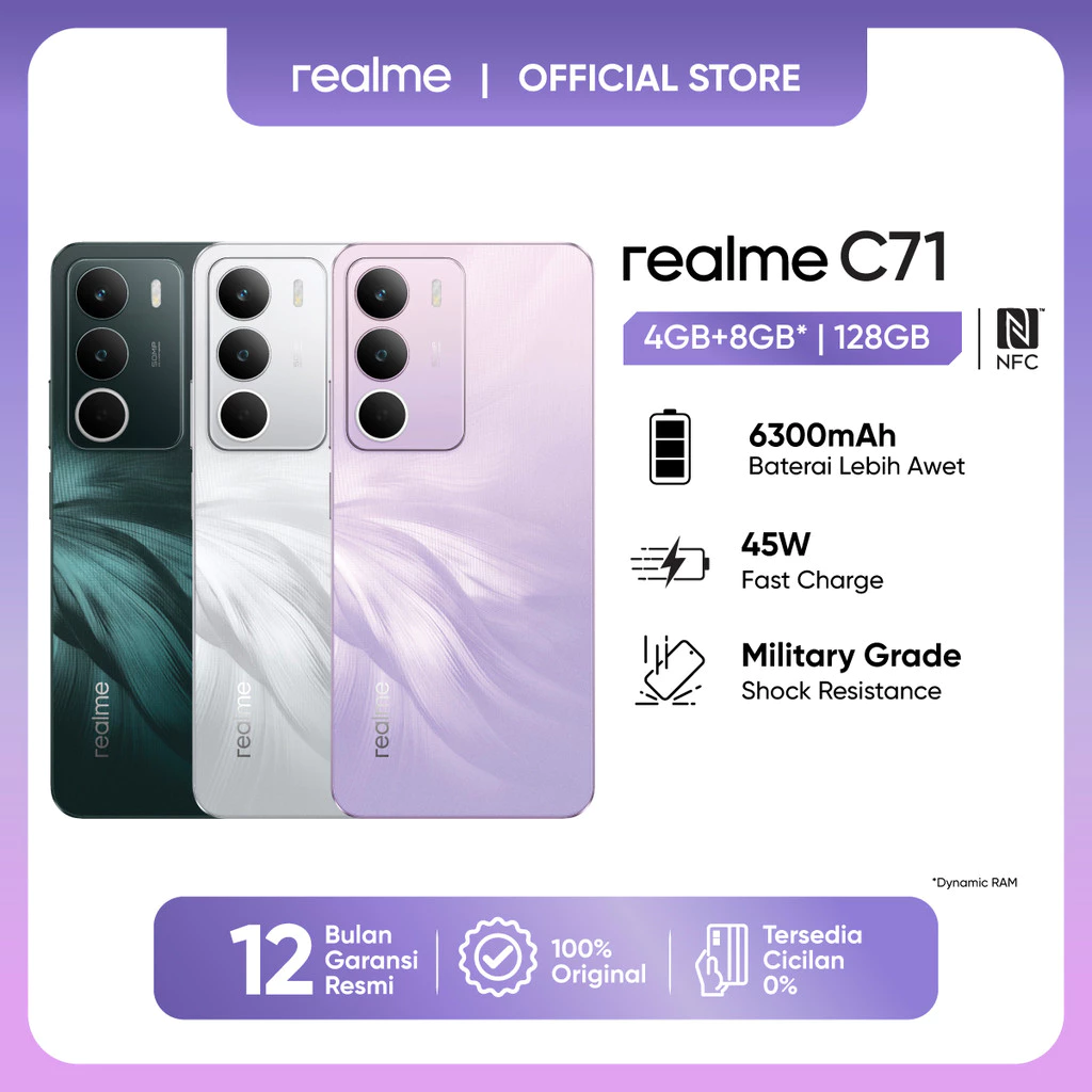Realme C71 4GB+8GB* |128GB (6300 Baterai | 45W Fast Charge | Military Grade Shock Resistance | NFC) 